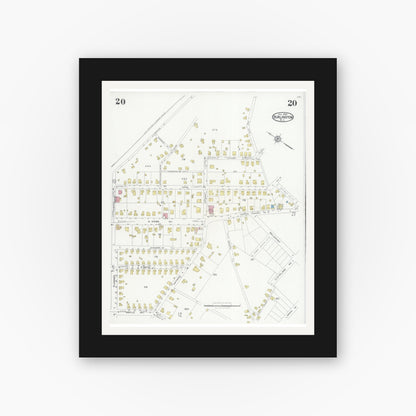Old map wall art mockup — black gallery frame with white mat — Sanborn Fire Insurance Map from Burlington, Alamance County, North Carolina (1929), Sheet #0020