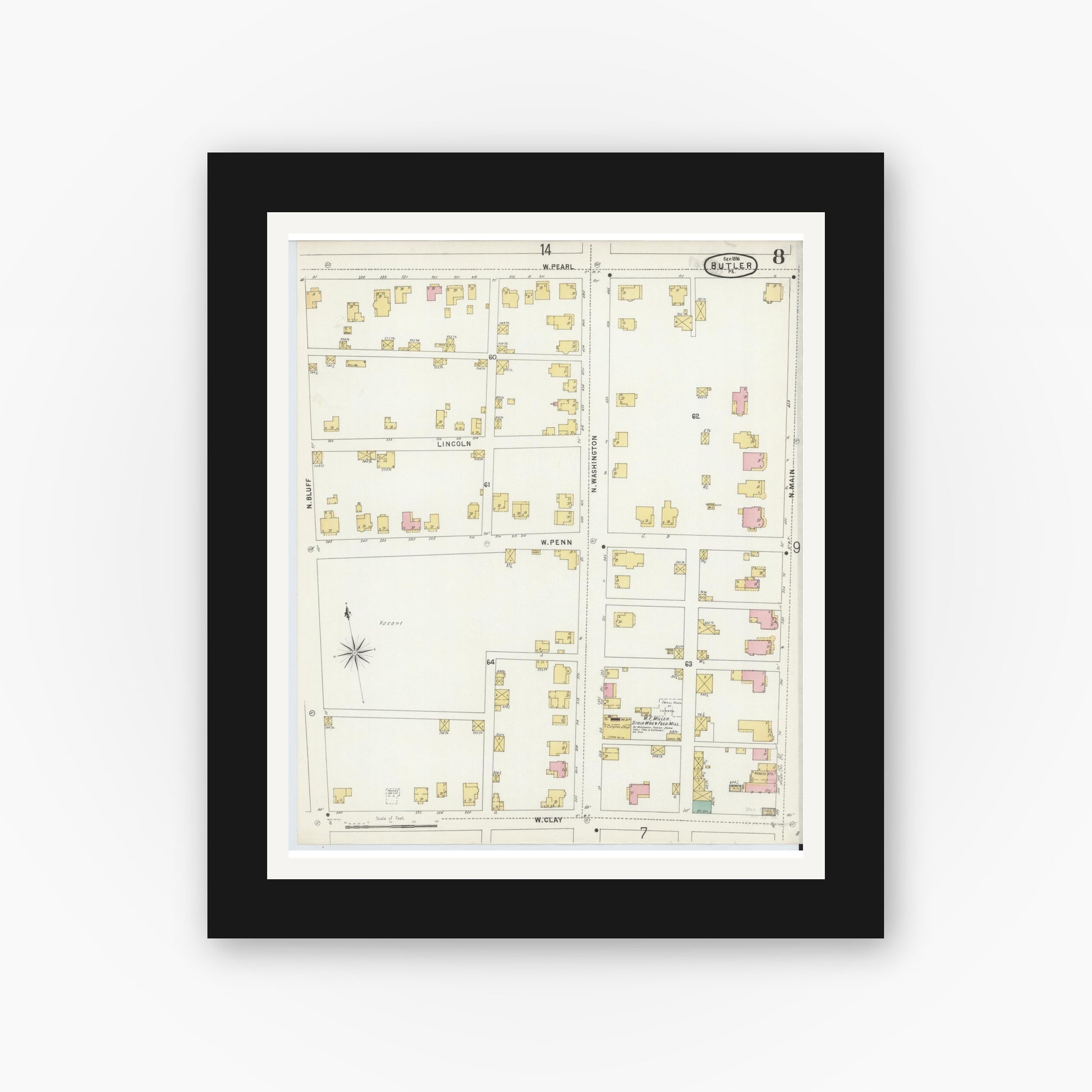Old map wall art mockup — black gallery frame with white mat — Sanborn Fire Insurance Map from Butler, Butler County, Pennsylvania (1896), Sheet #0008