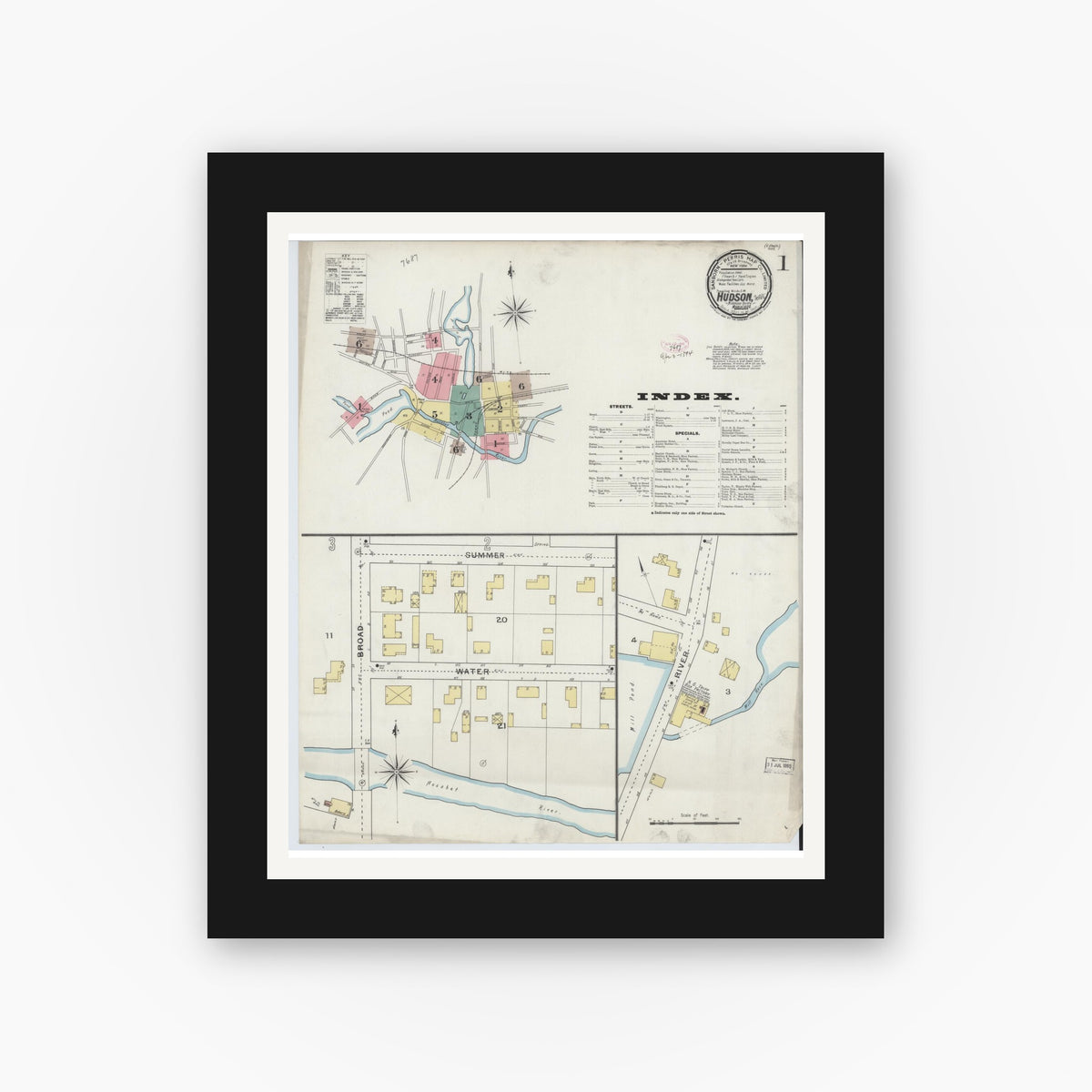 Old map wall art mockup — black gallery frame with white mat — Sanborn Fire Insurance Map from Hudson, Middlesex County, Massachusetts (1894) - Complete Map Set