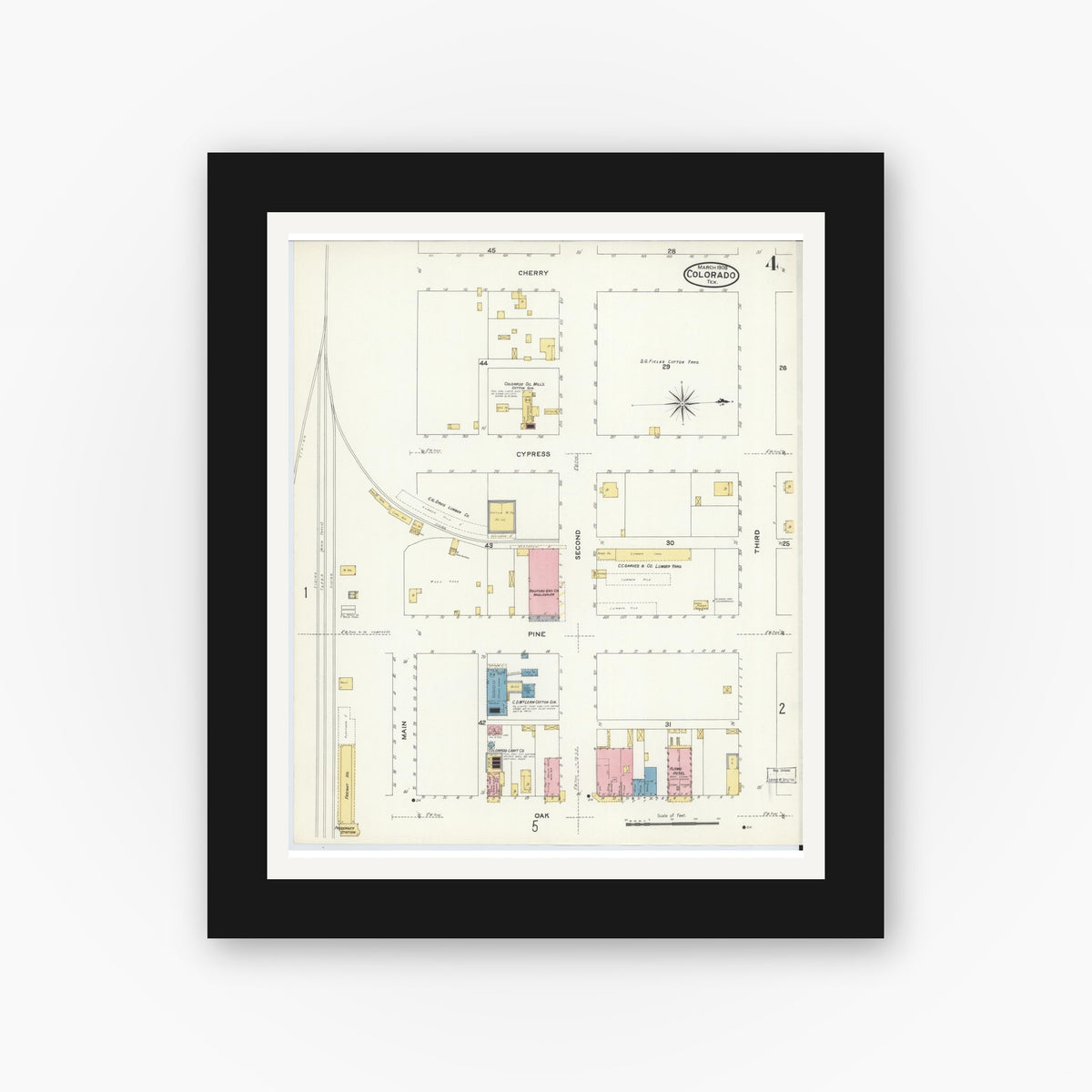 Old map wall art mockup — black gallery frame with white mat — Sanborn Fire Insurance Map from Colorado, Mitchell County, Texas (1908), Sheet #0004