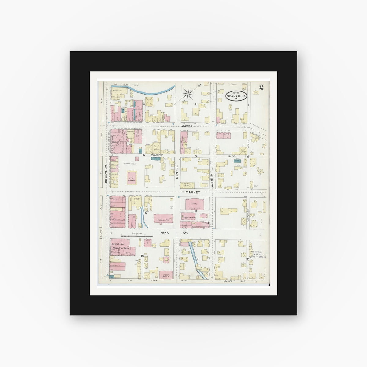 Old map wall art mockup — black gallery frame with white mat — Sanborn Fire Insurance Map from Meadville, Crawford County, Pennsylvania (1891), Sheet #0002