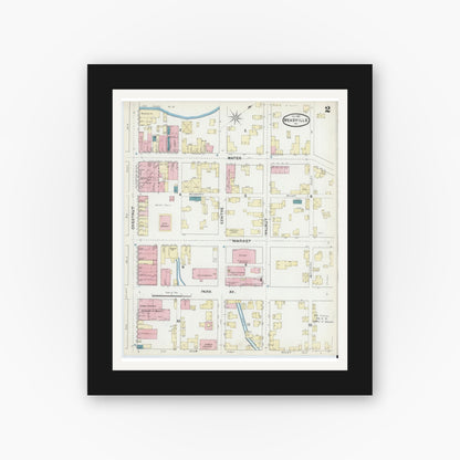 Old map wall art mockup — black gallery frame with white mat — Sanborn Fire Insurance Map from Meadville, Crawford County, Pennsylvania (1891), Sheet #0002
