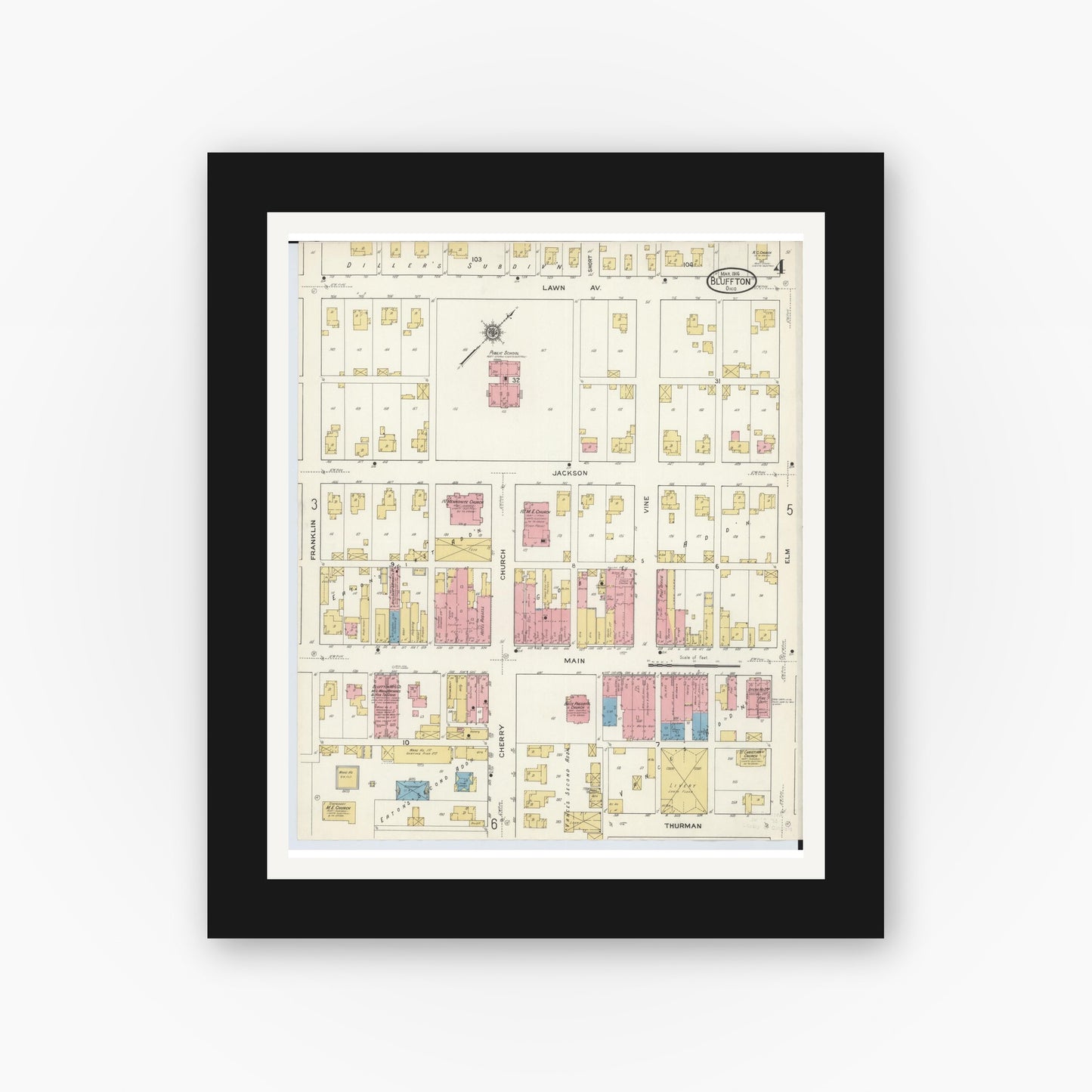 Old map wall art mockup — black gallery frame with white mat — Sanborn Fire Insurance Map from Bluffton, Allen County, Ohio (1916), Sheet #0004