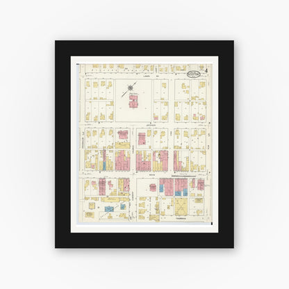 Old map wall art mockup — black gallery frame with white mat — Sanborn Fire Insurance Map from Bluffton, Allen County, Ohio (1916), Sheet #0004