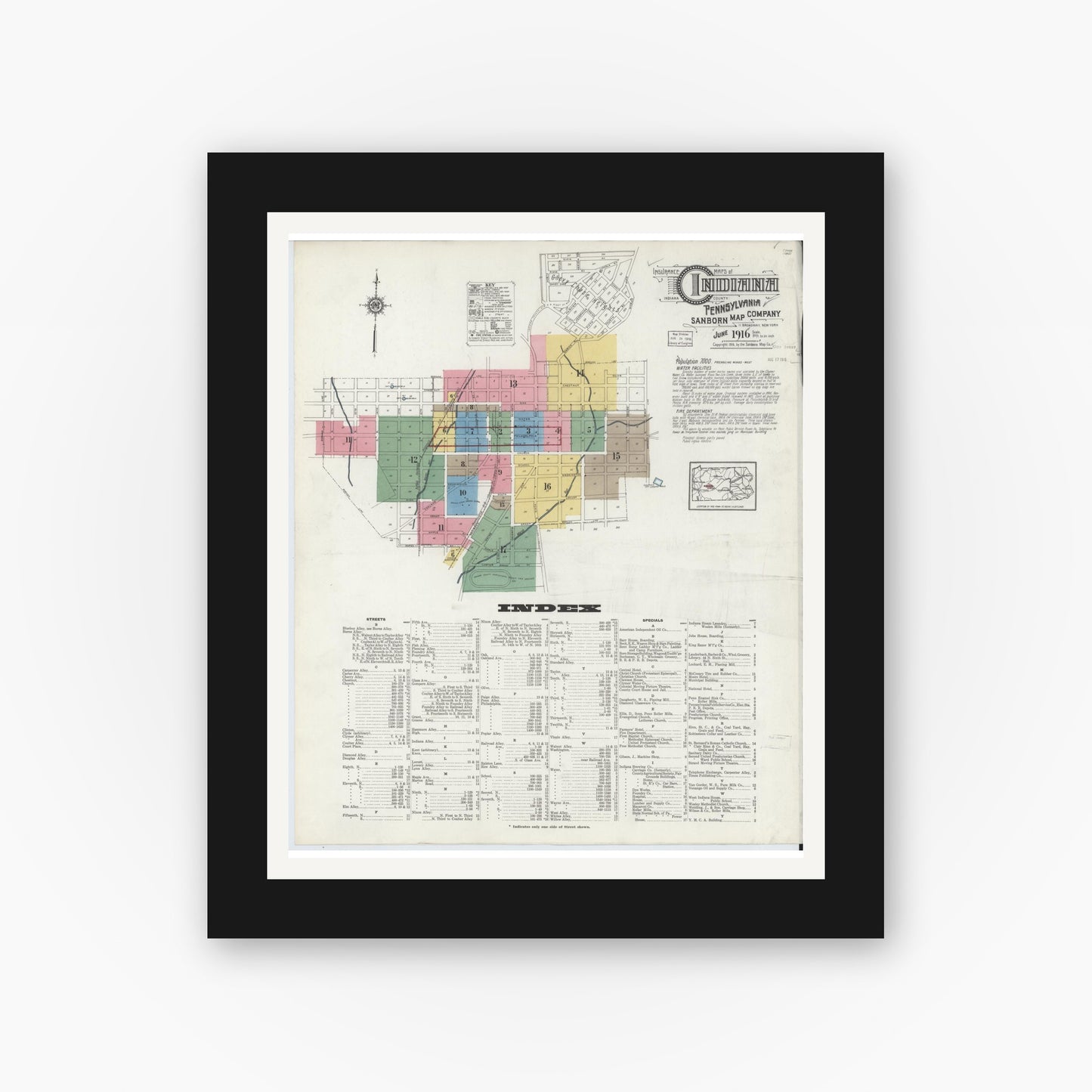 Old map wall art mockup — black gallery frame with white mat — Sanborn Fire Insurance Map from Indiana, Indiana County, Pennsylvania (1916), Sheet #0001