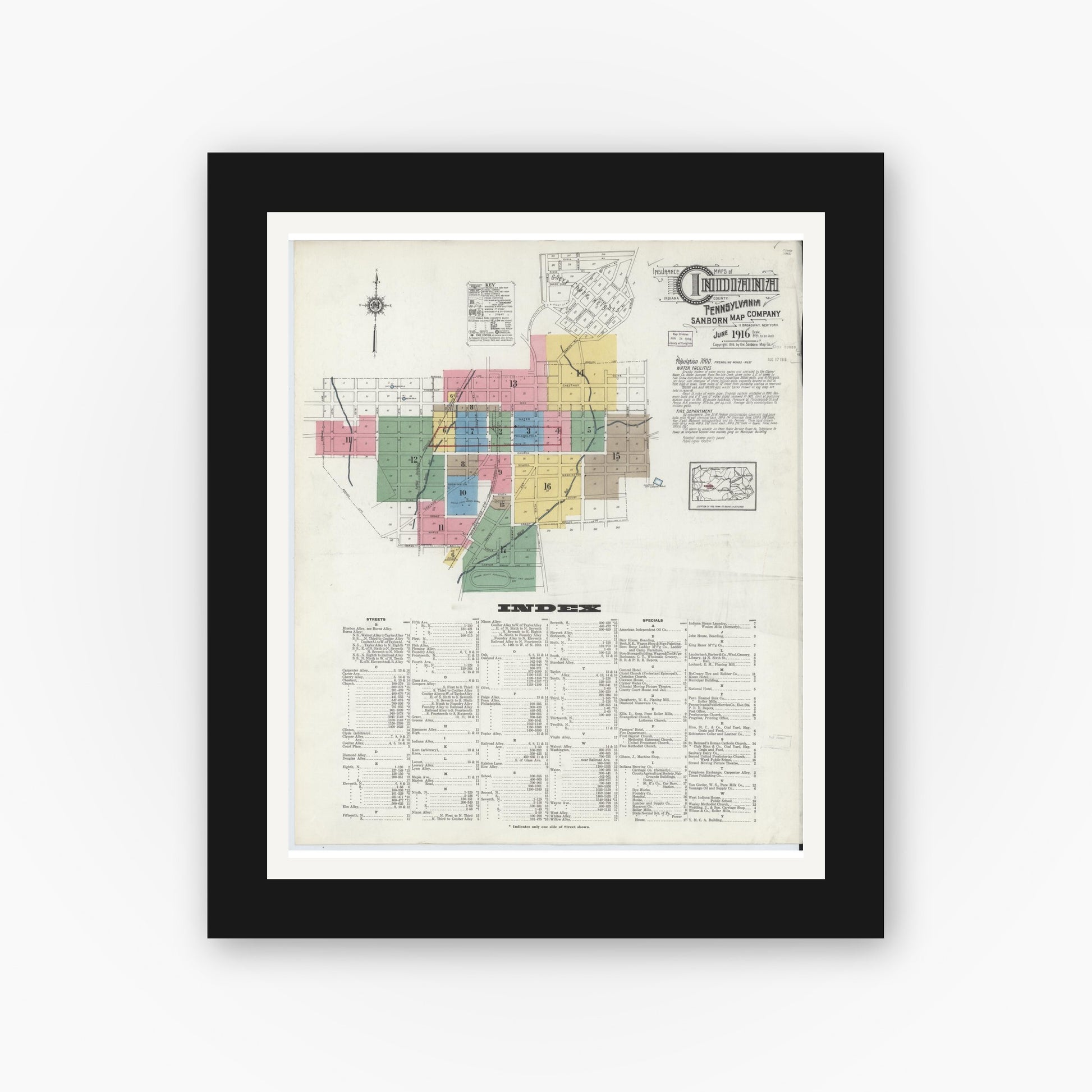 Old map wall art mockup — black gallery frame with white mat — Sanborn Fire Insurance Map from Indiana, Indiana County, Pennsylvania (1916), Sheet #0001