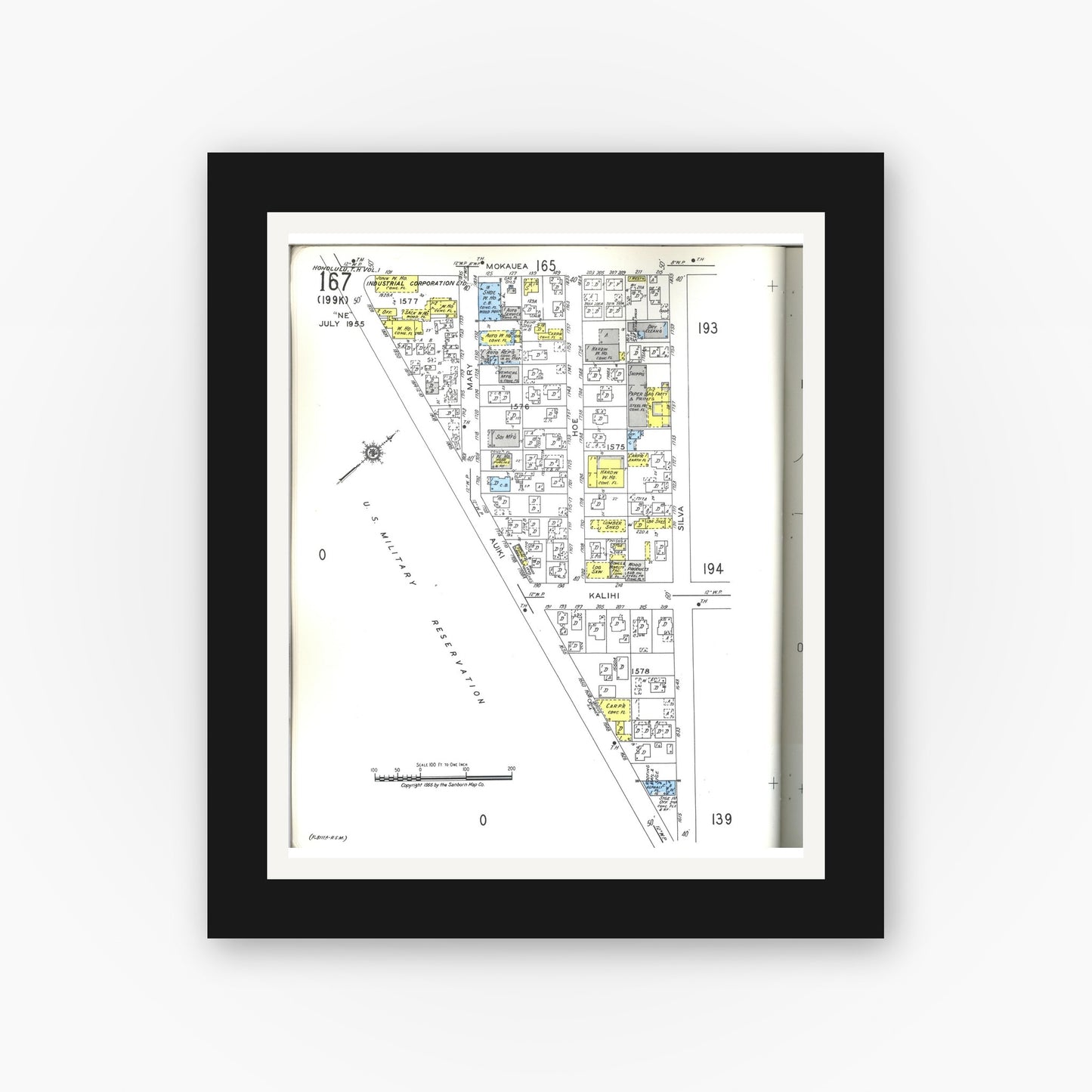 Old map wall art mockup — black gallery frame with white mat — Sanborn Fire Insurance Map from Honolulu, Oahu County, Hawaii (1955), Sheet #0167