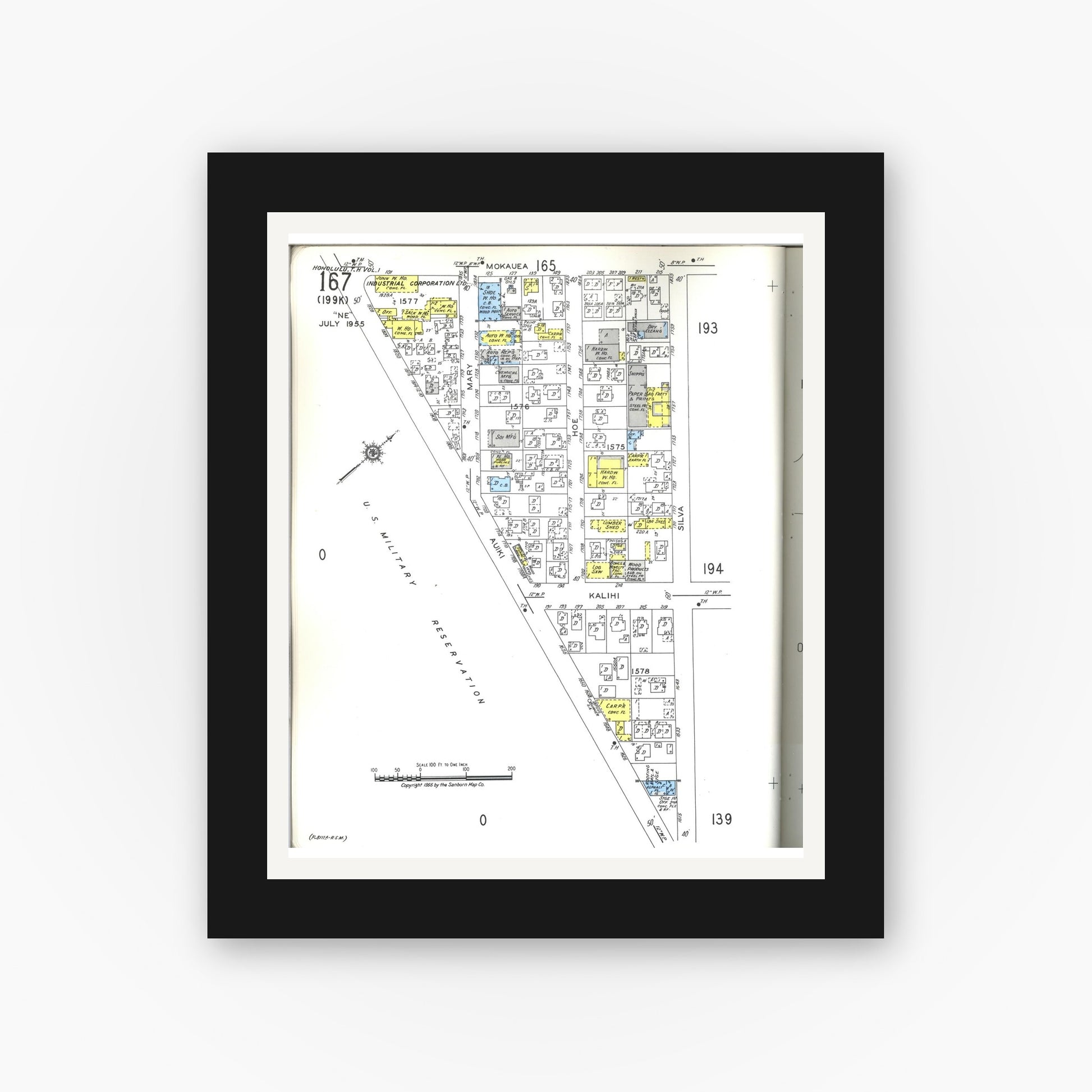Old map wall art mockup — black gallery frame with white mat — Sanborn Fire Insurance Map from Honolulu, Oahu County, Hawaii (1955), Sheet #0167