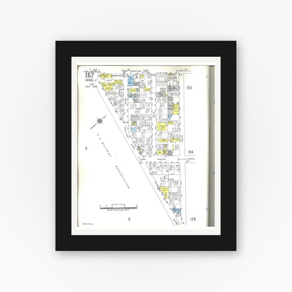 Old map wall art mockup — black gallery frame with white mat — Sanborn Fire Insurance Map from Honolulu, Oahu County, Hawaii (1955), Sheet #0167