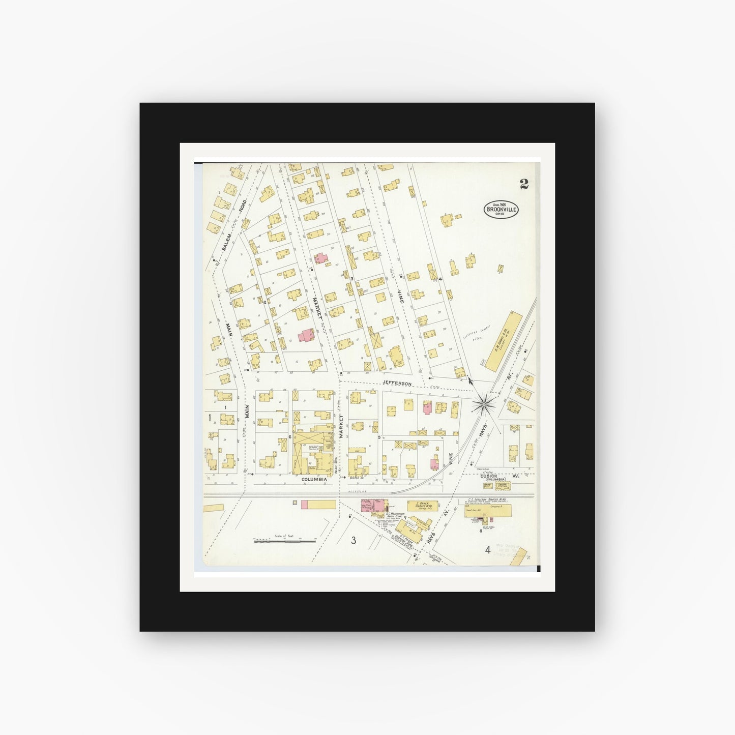 Old map wall art mockup — black gallery frame with white mat — Sanborn Fire Insurance Map from Brookville, Montgomery County, Ohio (1905), Sheet #0002