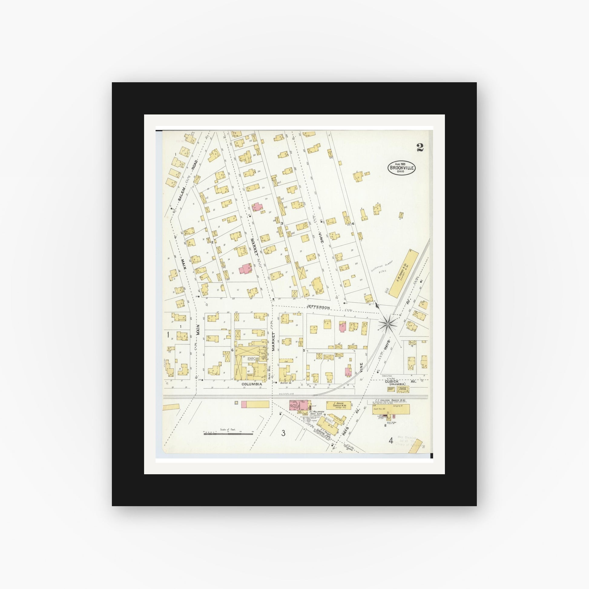 Old map wall art mockup — black gallery frame with white mat — Sanborn Fire Insurance Map from Brookville, Montgomery County, Ohio (1905), Sheet #0002