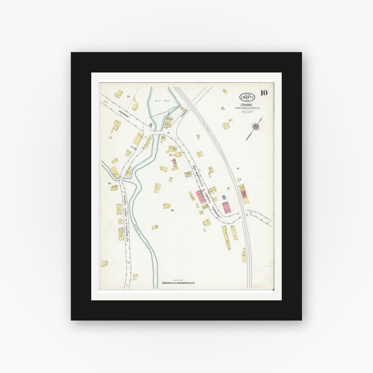 Old map wall art mockup — black gallery frame with white mat — Sanborn Fire Insurance Map from Liberty, Sullivan County, New York (1916), Sheet #0010