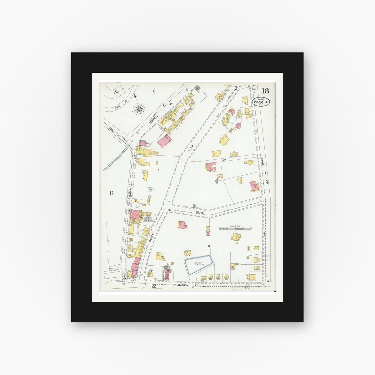 Old map wall art mockup — black gallery frame with white mat — Sanborn Fire Insurance Map from Peekskill, Westchester County, New York (1900), Sheet #0018