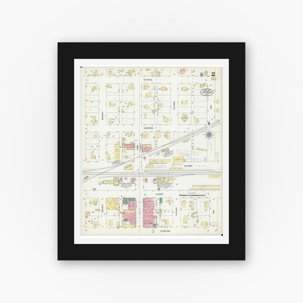 Old map wall art mockup — black gallery frame with white mat — Sanborn Fire Insurance Map from Arthur, Moultrie And Douglas Counties, Illinois (1907), Sheet #0002
