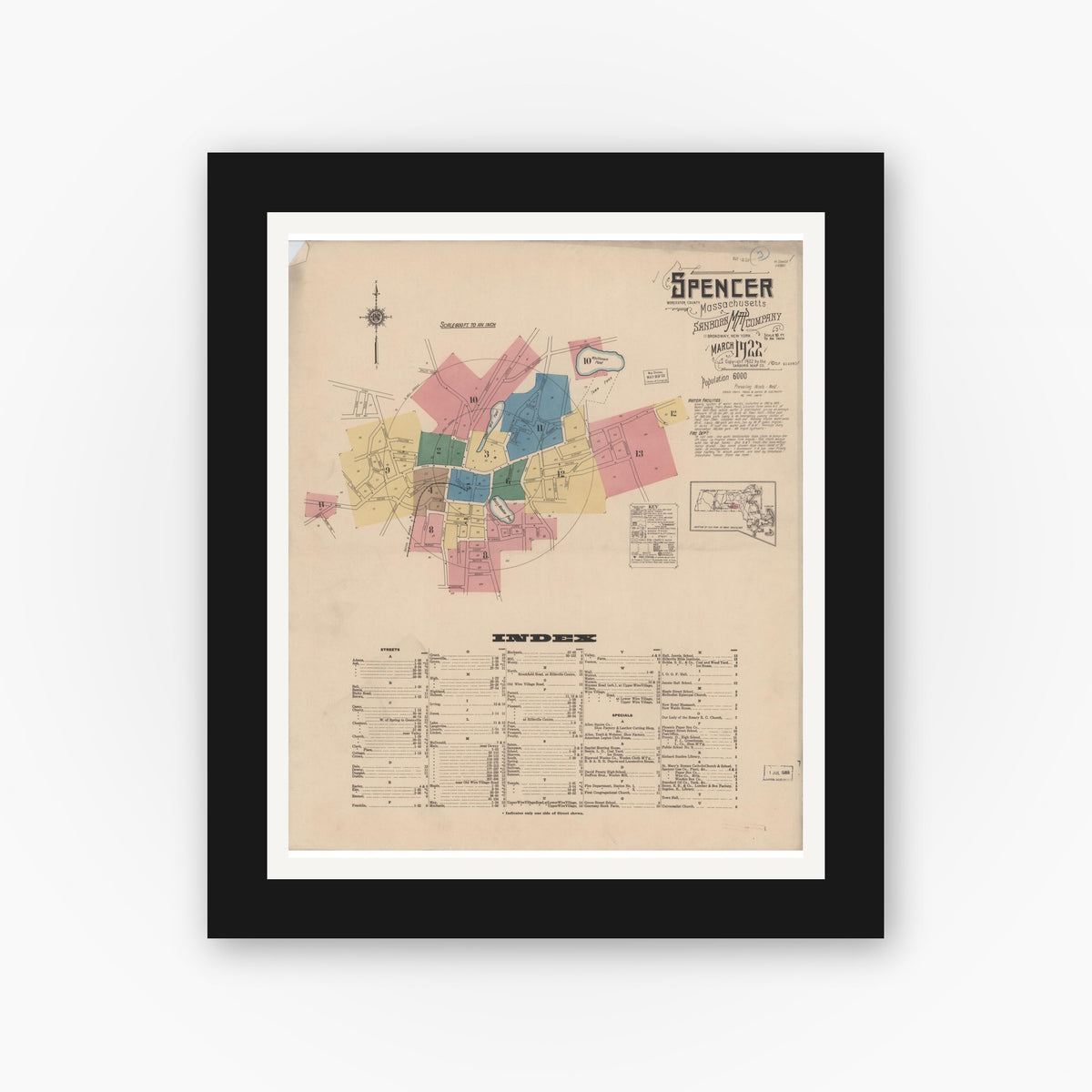 Old map wall art mockup — black gallery frame with white mat — Sanborn Fire Insurance Map from Spencer, Worcester County, Massachusetts (1922) - Complete Map Set