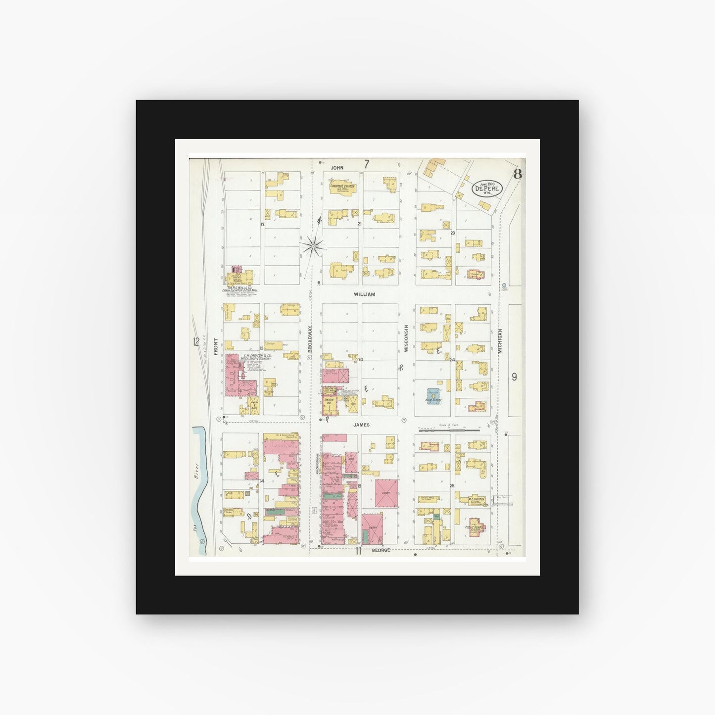 Old map wall art mockup — black gallery frame with white mat — Sanborn Fire Insurance Map from De Pere, Brown County, Wisconsin (1900), Sheet #0008