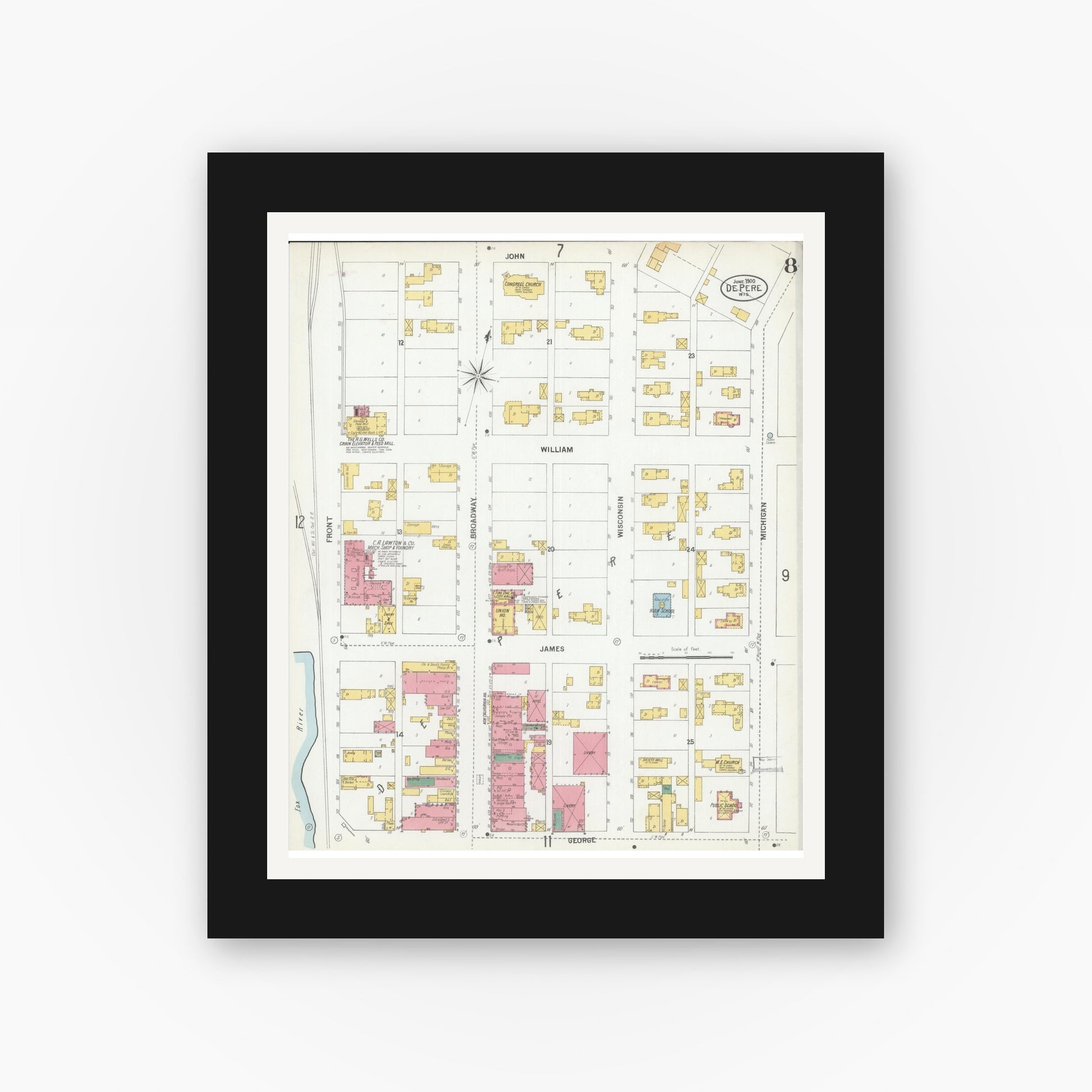 Old map wall art mockup — black gallery frame with white mat — Sanborn Fire Insurance Map from De Pere, Brown County, Wisconsin (1900), Sheet #0008