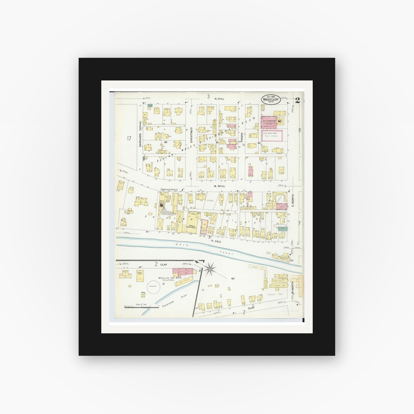 Old map wall art mockup — black gallery frame with white mat — Sanborn Fire Insurance Map from Massillon, Stark County, Ohio (1908), Sheet #0002