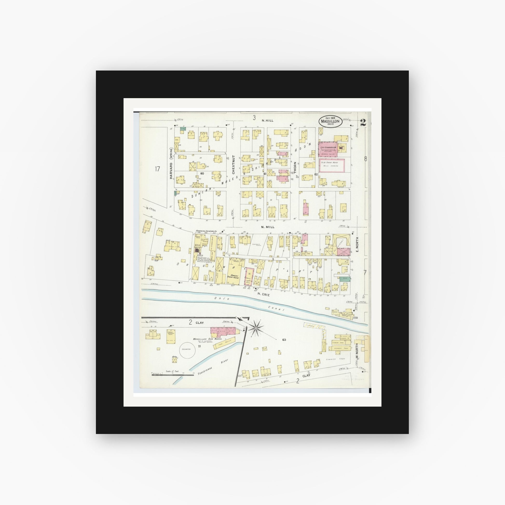 Old map wall art mockup — black gallery frame with white mat — Sanborn Fire Insurance Map from Massillon, Stark County, Ohio (1908), Sheet #0002