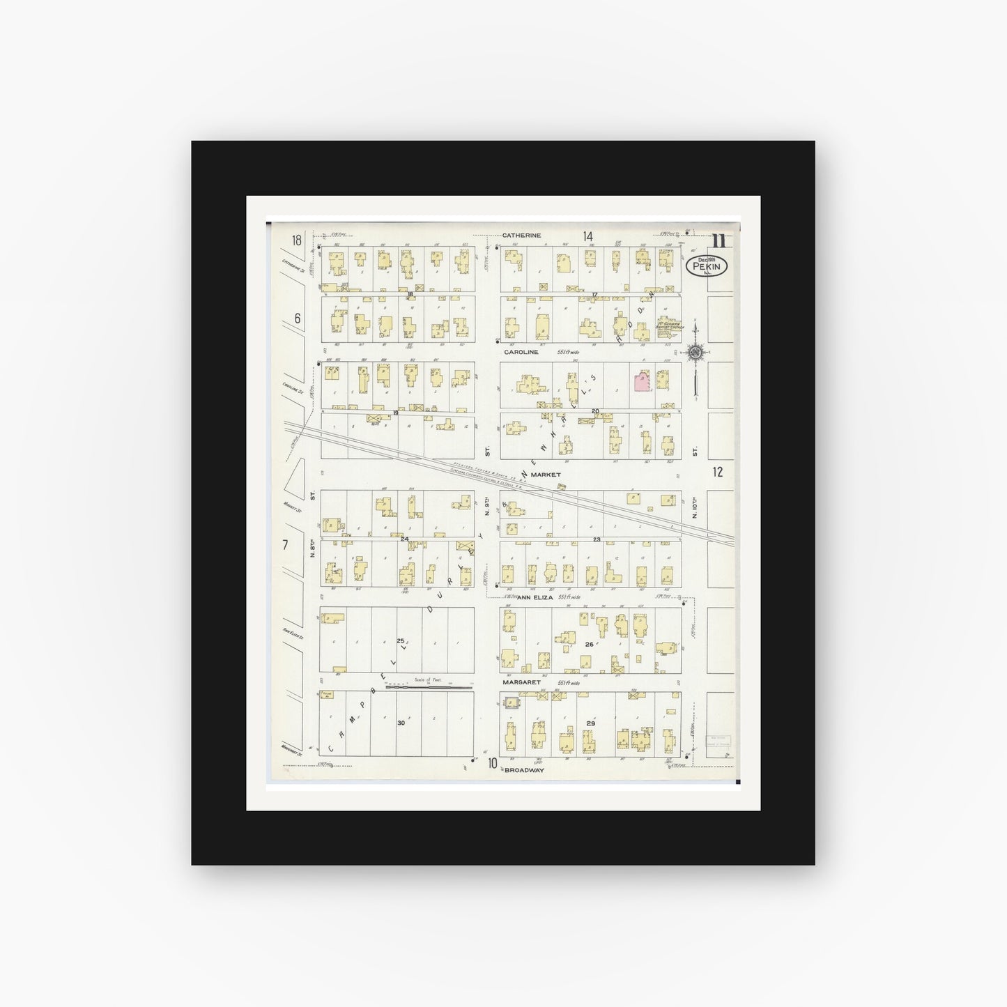 Old map wall art mockup — black gallery frame with white mat — Sanborn Fire Insurance Map from Pekin, Tazewell County, Illinois (1909), Sheet #0011