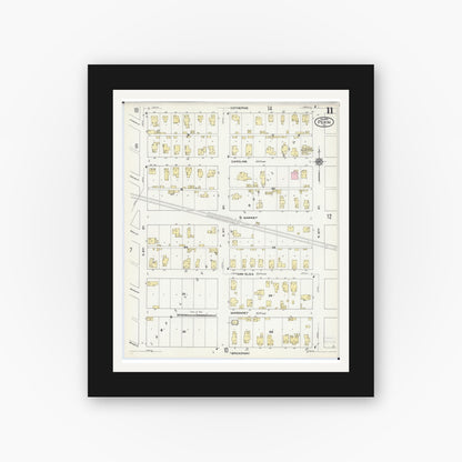 Old map wall art mockup — black gallery frame with white mat — Sanborn Fire Insurance Map from Pekin, Tazewell County, Illinois (1909), Sheet #0011