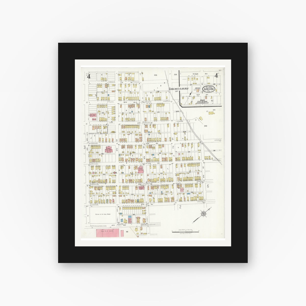 Old map wall art mockup — black gallery frame with white mat — Sanborn Fire Insurance Map from Juniata, Blair County, Pennsylvania (1925), Sheet #0004