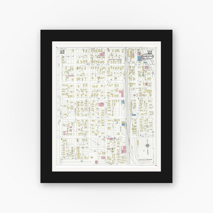 Old map wall art mockup — black gallery frame with white mat — Sanborn Fire Insurance Map from Iron Mountain, Dickinson County, Michigan (1930), Sheet #0022