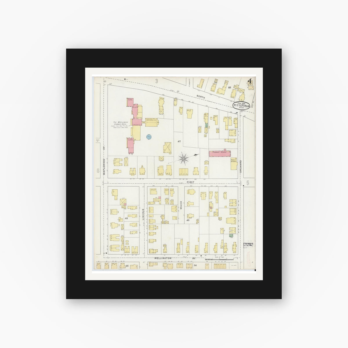 Old map wall art mockup — black gallery frame with white mat — Sanborn Fire Insurance Map from Pittsfield, Berkshire County, Massachusetts (1895), Sheet #0004