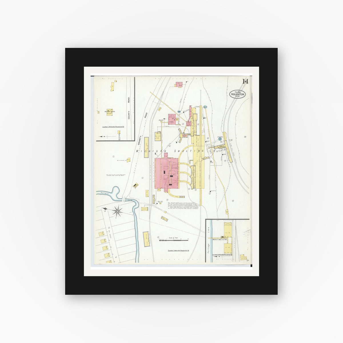 Old map wall art mockup — black gallery frame with white mat — Sanborn Fire Insurance Map from Houghton, Houghton County, Michigan (1908), Sheet #0014