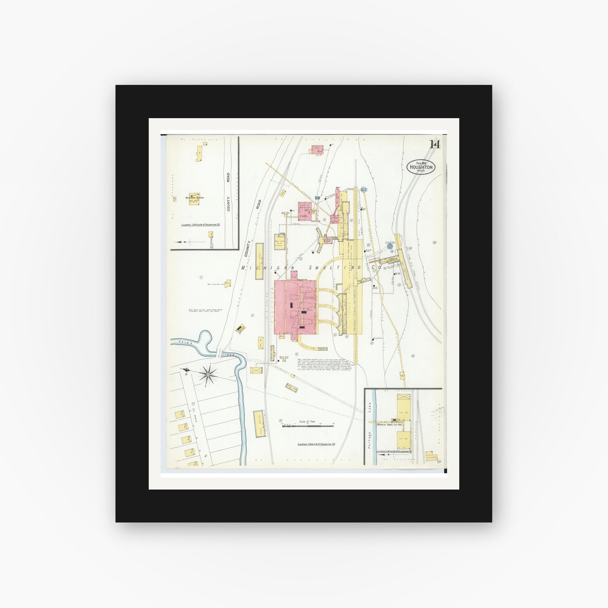Old map wall art mockup — black gallery frame with white mat — Sanborn Fire Insurance Map from Houghton, Houghton County, Michigan (1908), Sheet #0014