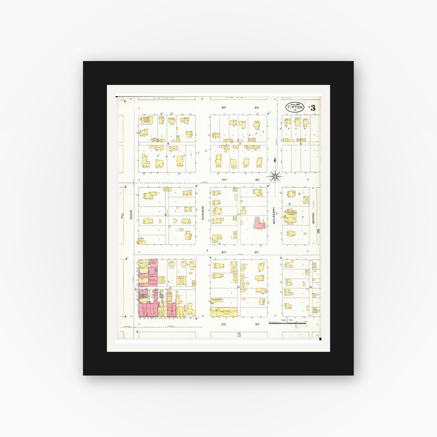 Old map wall art mockup — black gallery frame with white mat — Sanborn Fire Insurance Map from Tipton, Cedar County, Iowa (1906), Sheet #0003