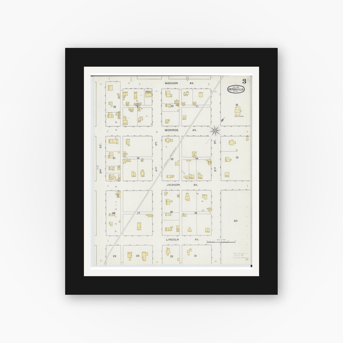 Old map wall art mockup — black gallery frame with white mat — Sanborn Fire Insurance Map from Ortonville, Big Stone County, Minnesota (1893), Sheet #0003