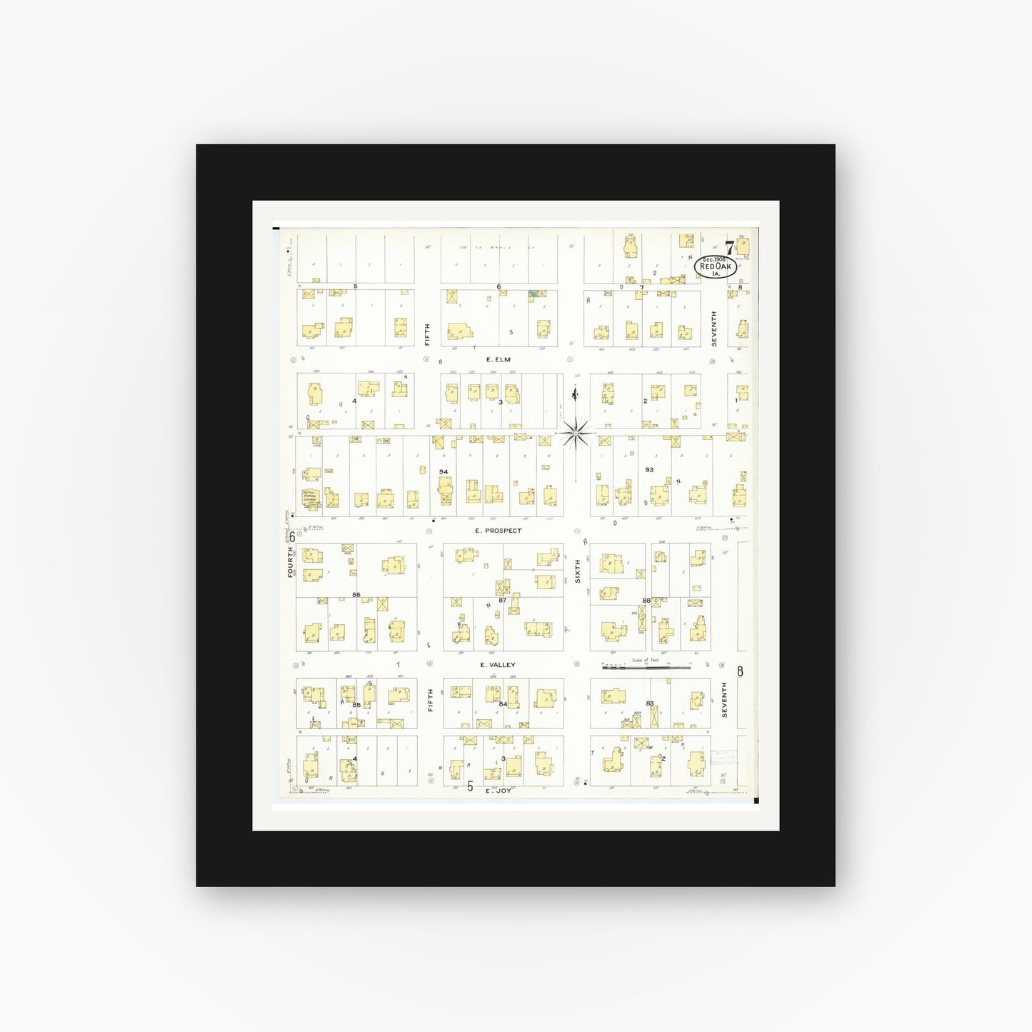 Old map wall art mockup — black gallery frame with white mat — Sanborn Fire Insurance Map from Red Oak, Montgomery County, Iowa (1908), Sheet #0007