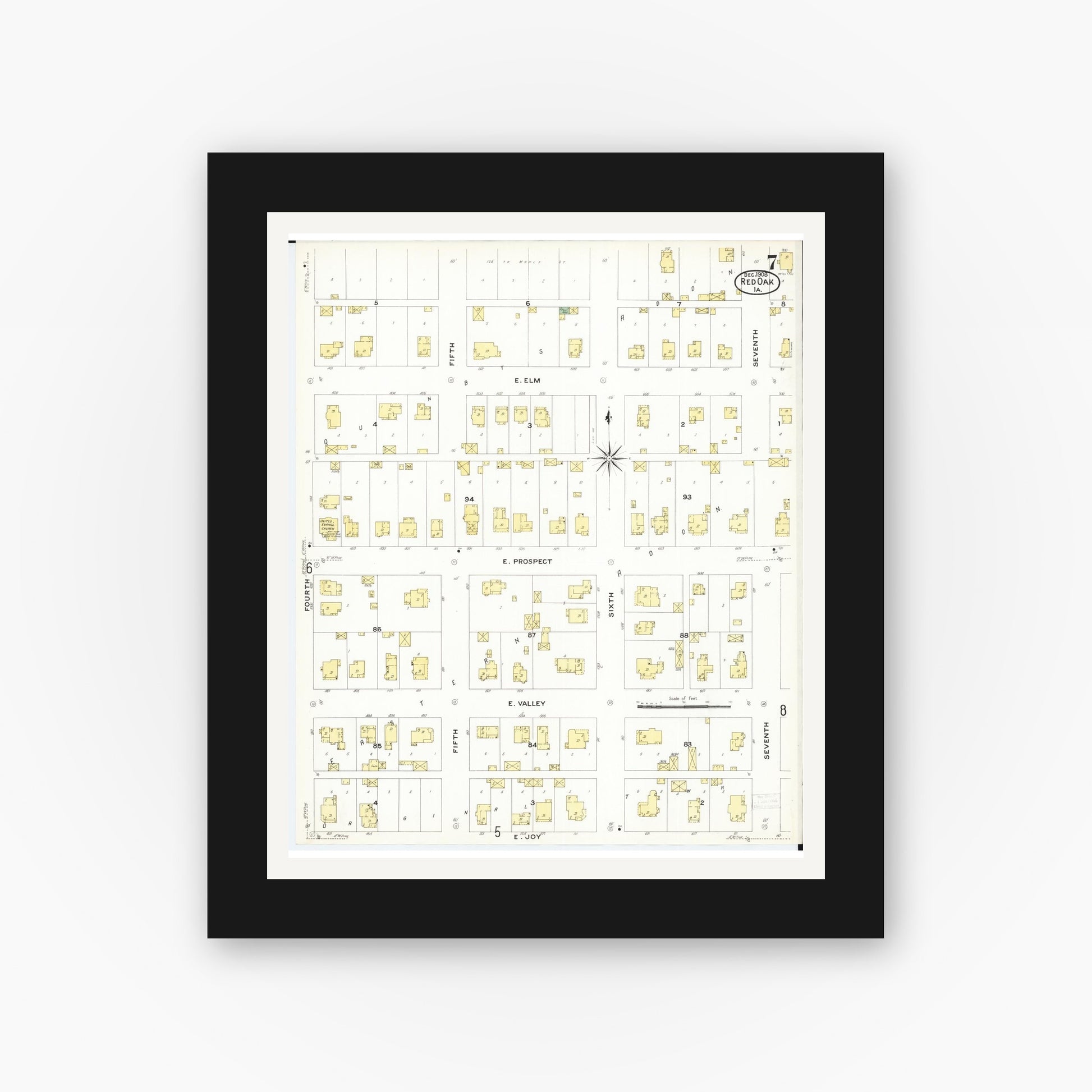 Old map wall art mockup — black gallery frame with white mat — Sanborn Fire Insurance Map from Red Oak, Montgomery County, Iowa (1908), Sheet #0007