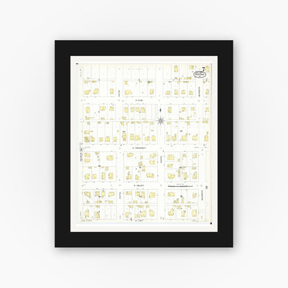 Old map wall art mockup — black gallery frame with white mat — Sanborn Fire Insurance Map from Red Oak, Montgomery County, Iowa (1908), Sheet #0007