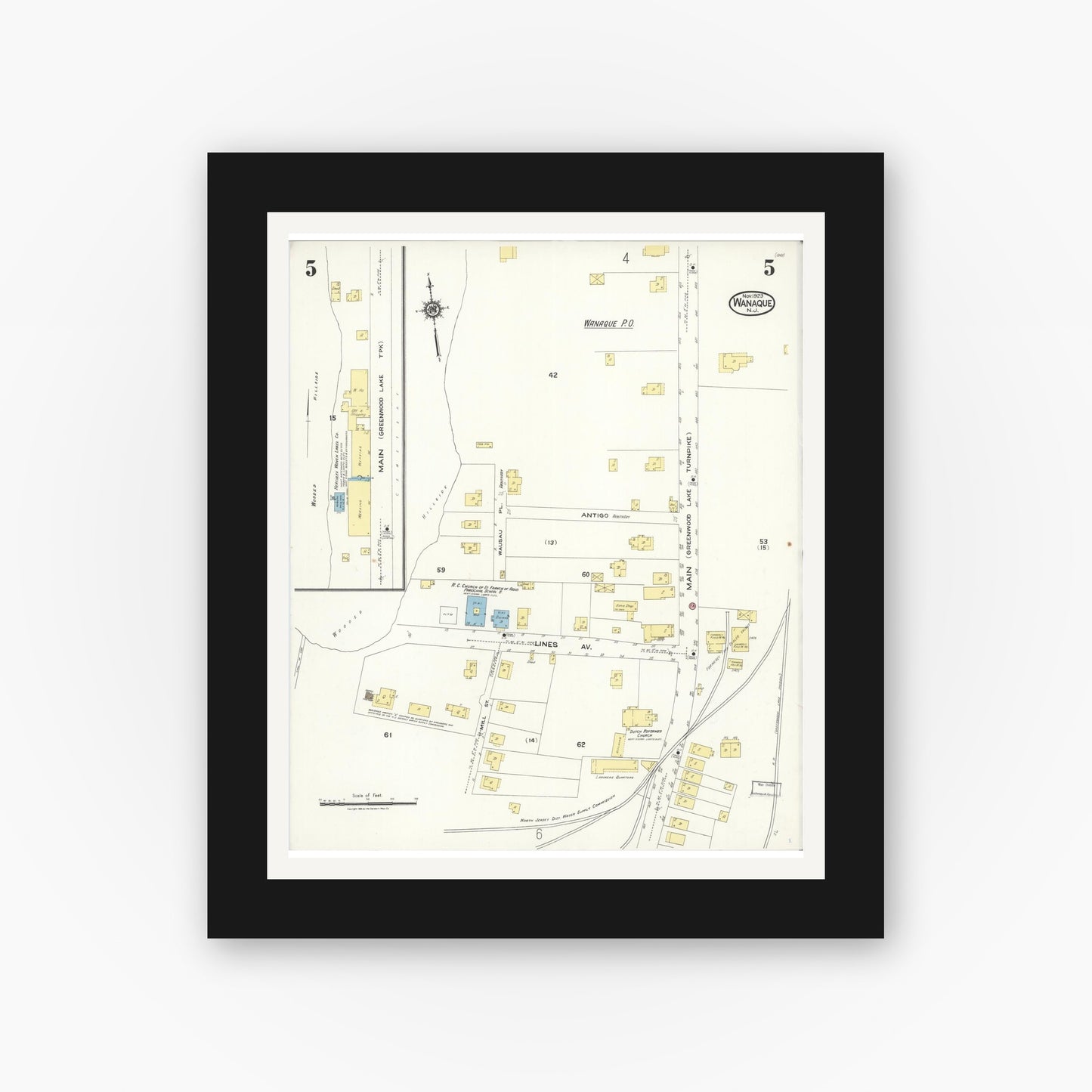 Old map wall art mockup — black gallery frame with white mat — Sanborn Fire Insurance Map from Wanaque, Passaic County, New Jersey (1923), Sheet #0005