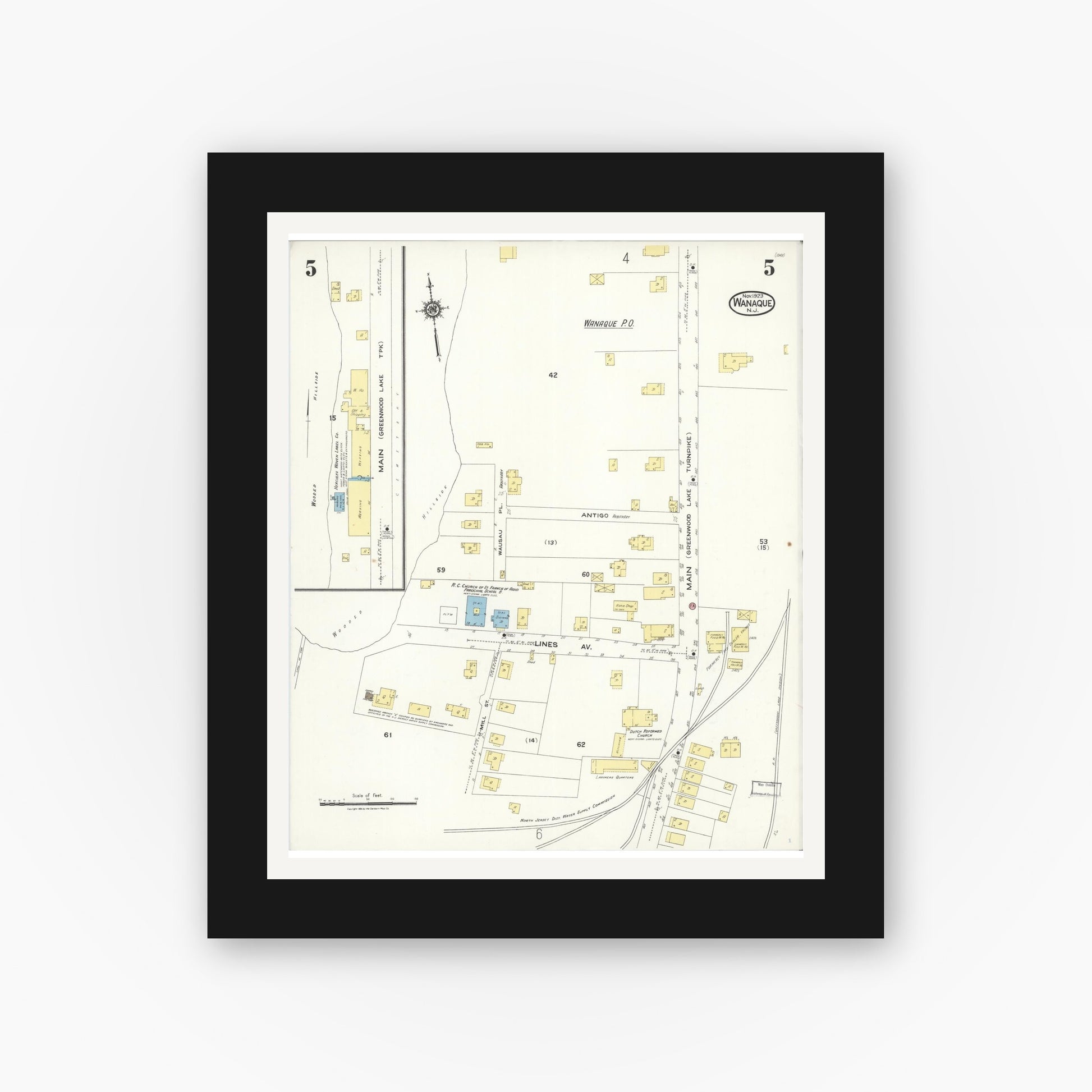 Old map wall art mockup — black gallery frame with white mat — Sanborn Fire Insurance Map from Wanaque, Passaic County, New Jersey (1923), Sheet #0005