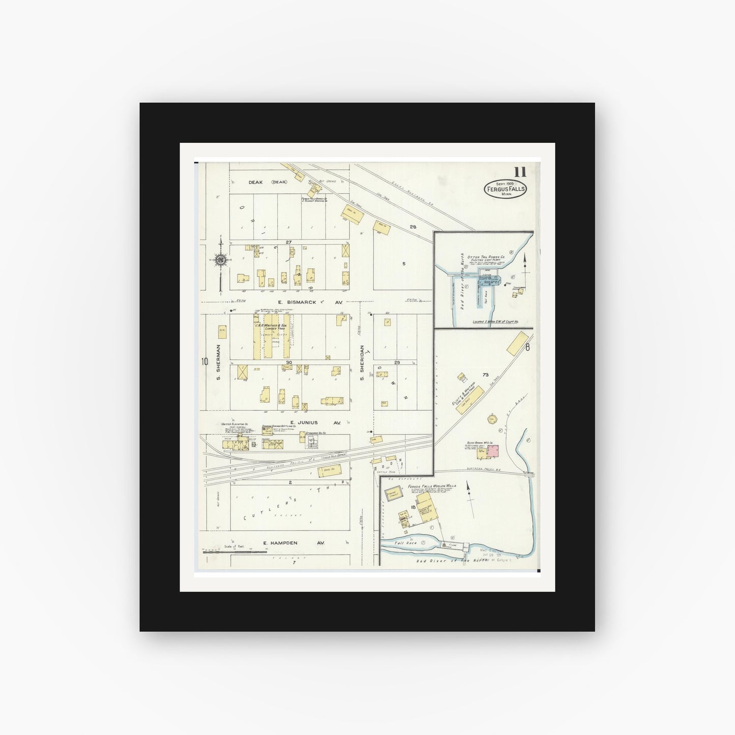 Old map wall art mockup — black gallery frame with white mat — Sanborn Fire Insurance Map from Fergus Falls, Otter Tail County, Minnesota (1909), Sheet #0011