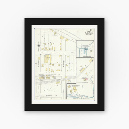 Old map wall art mockup — black gallery frame with white mat — Sanborn Fire Insurance Map from Fergus Falls, Otter Tail County, Minnesota (1909), Sheet #0011