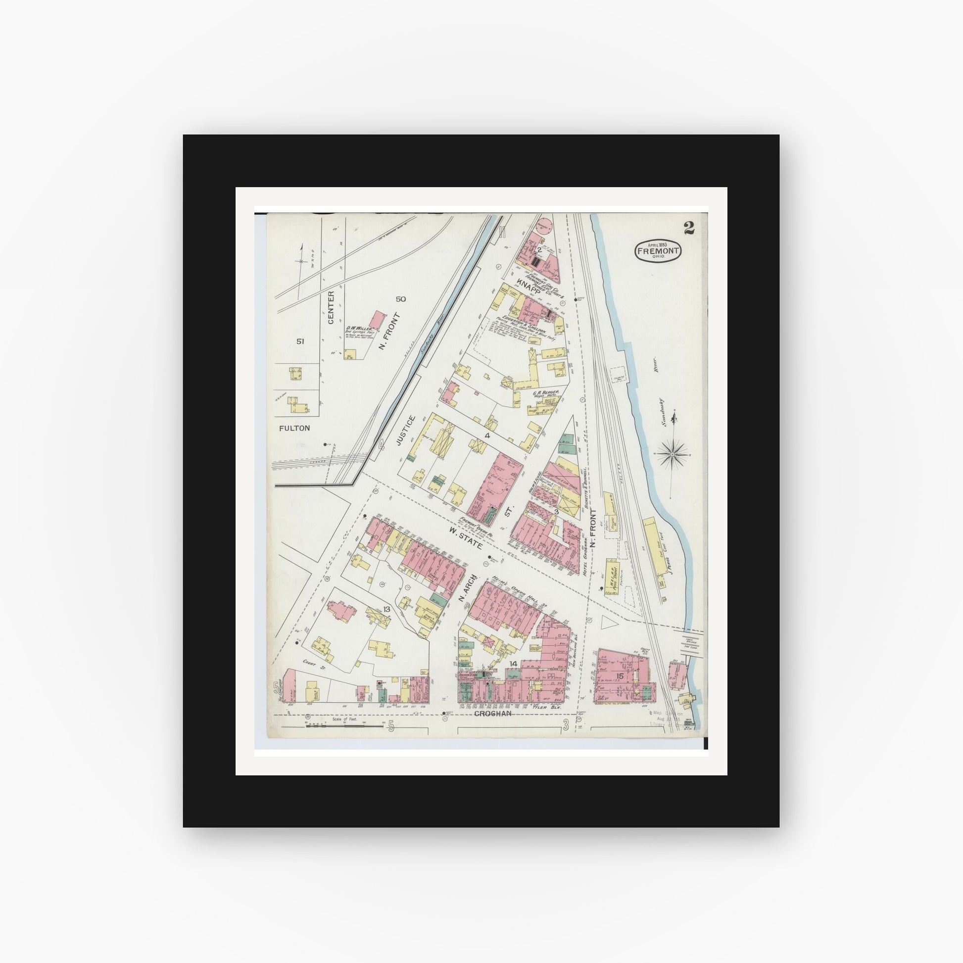 Old map wall art mockup — black gallery frame with white mat — Sanborn Fire Insurance Map from Fremont, Sandusky County, Ohio (1893), Sheet #0002