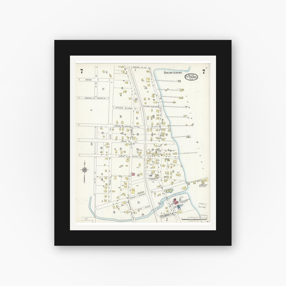 Old map wall art mockup — black gallery frame with white mat — Sanborn Fire Insurance Map from Fort Pierce, St Lucie County, Florida (1924), Sheet #0007