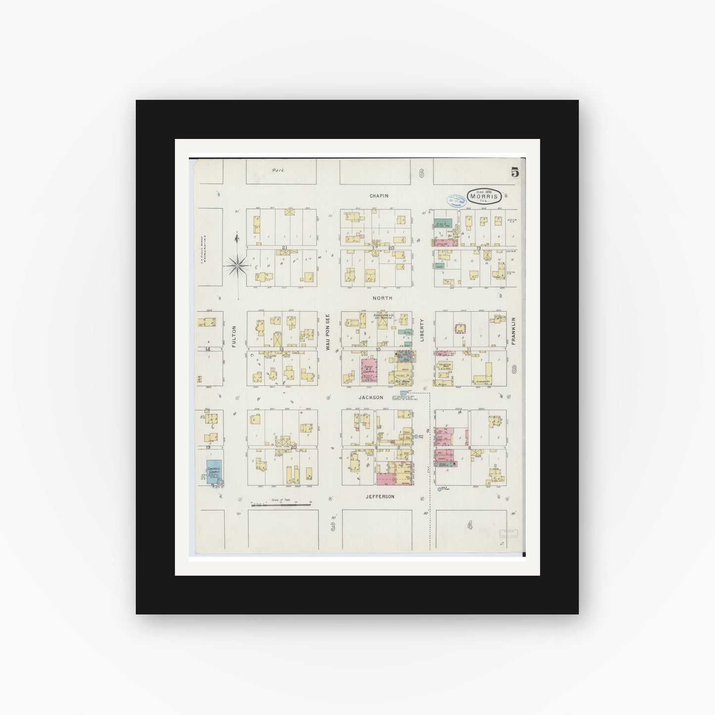 Old map wall art mockup — black gallery frame with white mat — Sanborn Fire Insurance Map from Morris, Grundy County, Illinois (1894), Sheet #0005