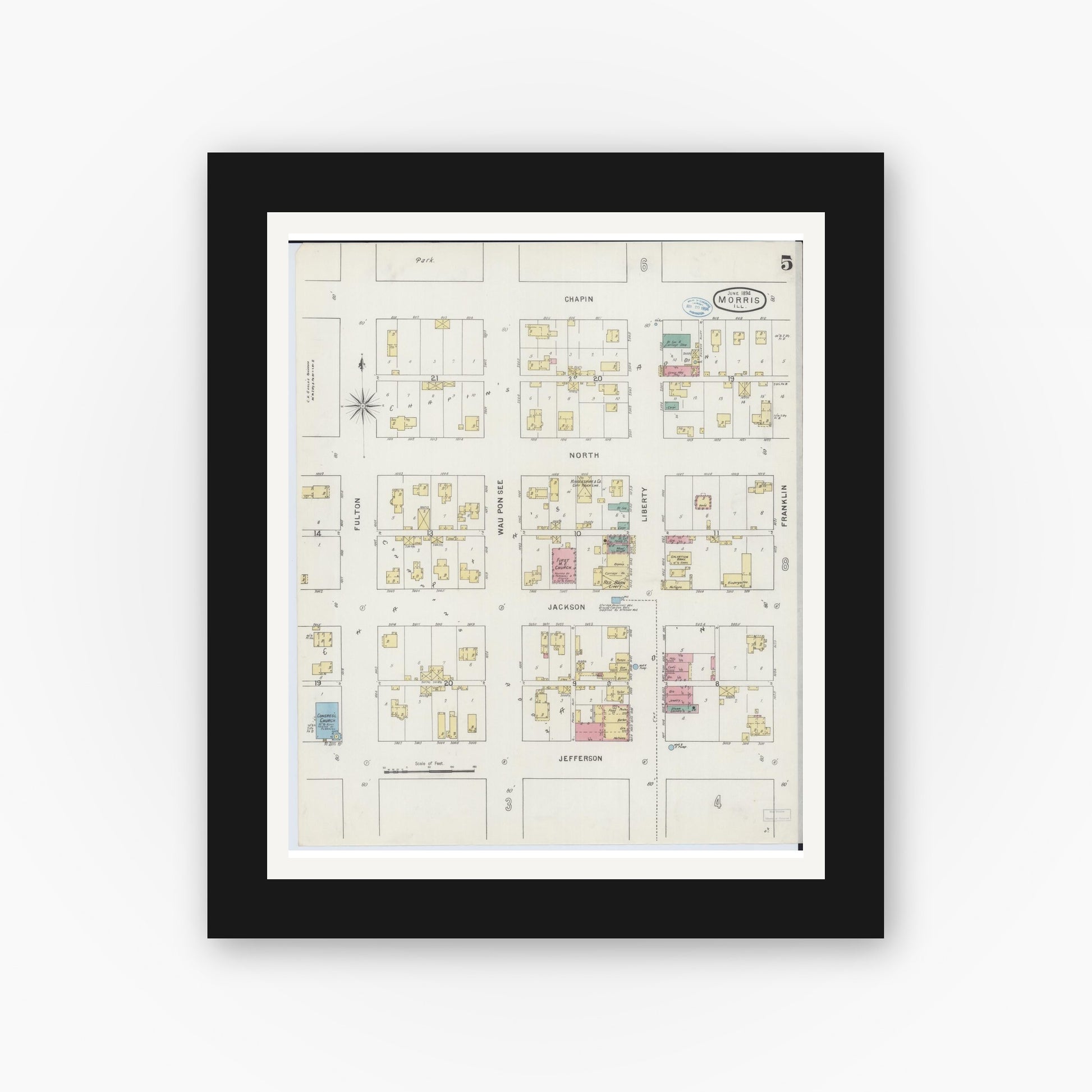 Old map wall art mockup — black gallery frame with white mat — Sanborn Fire Insurance Map from Morris, Grundy County, Illinois (1894), Sheet #0005