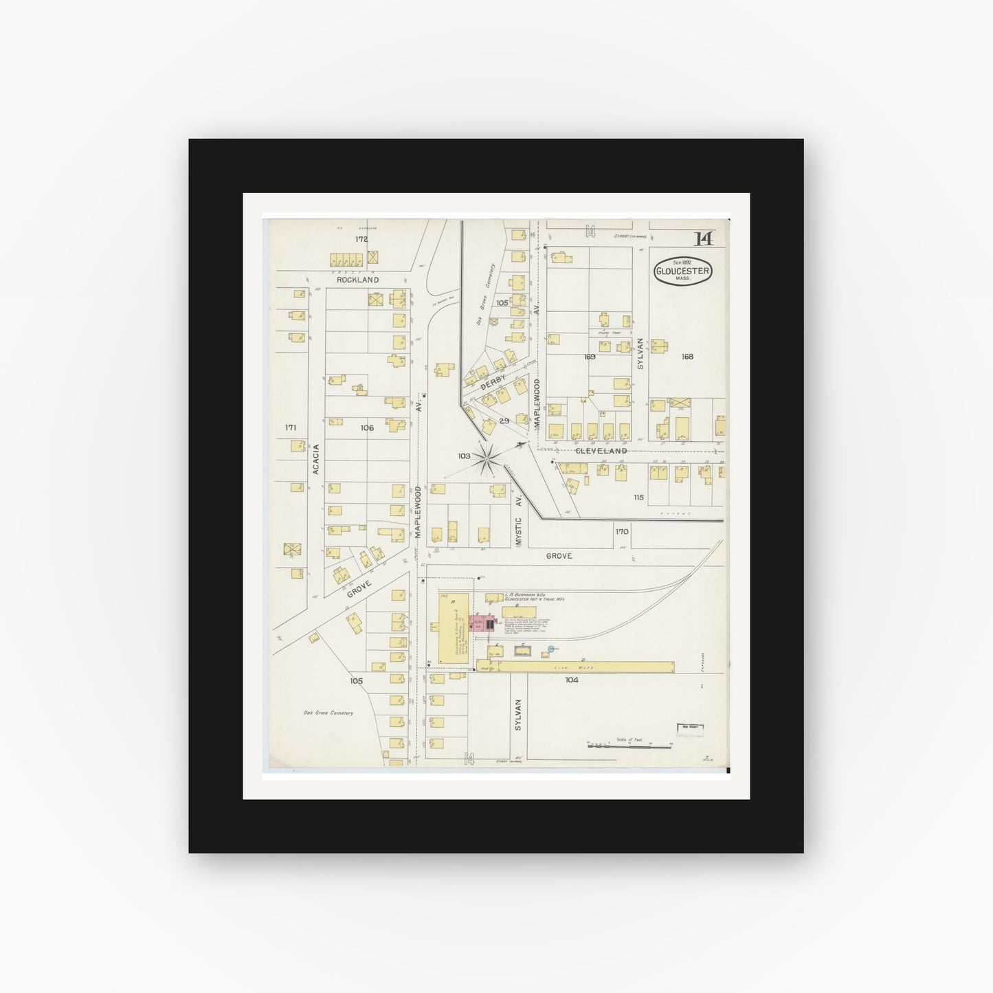 Old map wall art mockup — black gallery frame with white mat — Sanborn Fire Insurance Map from Gloucester, Essex County, Massachusetts (1892), Sheet #0014