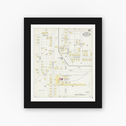 Old map wall art mockup — black gallery frame with white mat — Sanborn Fire Insurance Map from Gloucester, Essex County, Massachusetts (1892), Sheet #0014