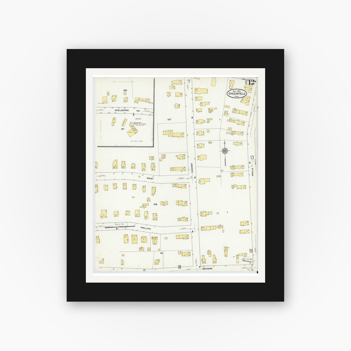 Old map wall art mockup — black gallery frame with white mat — Sanborn Fire Insurance Map from Greenfield, Franklin County, Massachusetts (1909), Sheet #0012