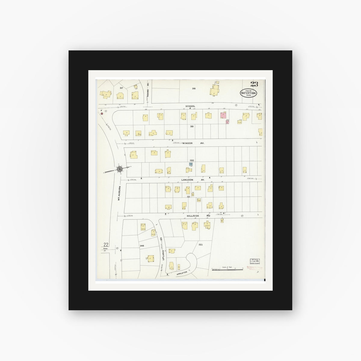 Old map wall art mockup — black gallery frame with white mat — Sanborn Fire Insurance Map from Watertown, Middlesex County, Massachusetts (1911), Sheet #0023