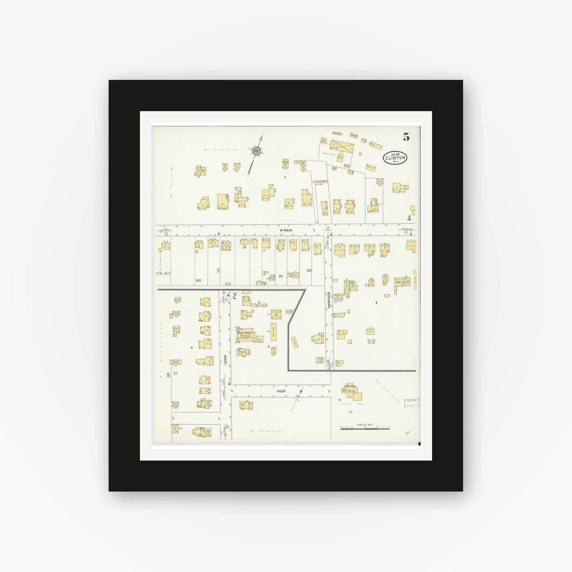 Old map wall art mockup — black gallery frame with white mat — Sanborn Fire Insurance Map from Clinton, Hunterdon County, New Jersey (1912), Sheet #0005