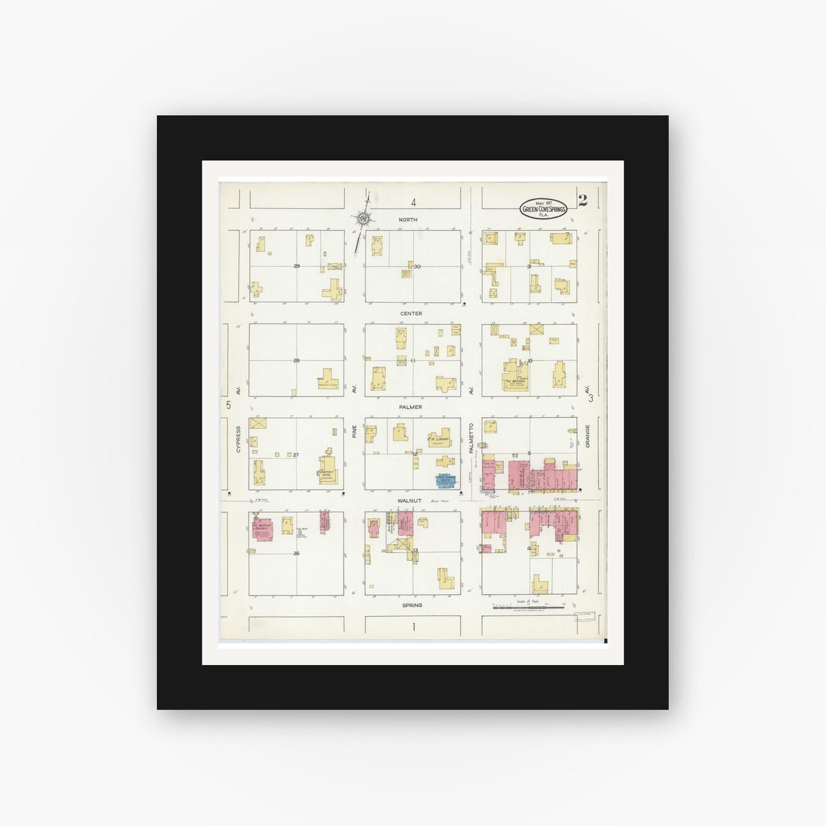 Old map wall art mockup — black gallery frame with white mat — Sanborn Fire Insurance Map from Green Cove Springs, Clay County, Florida (1917), Sheet #0002