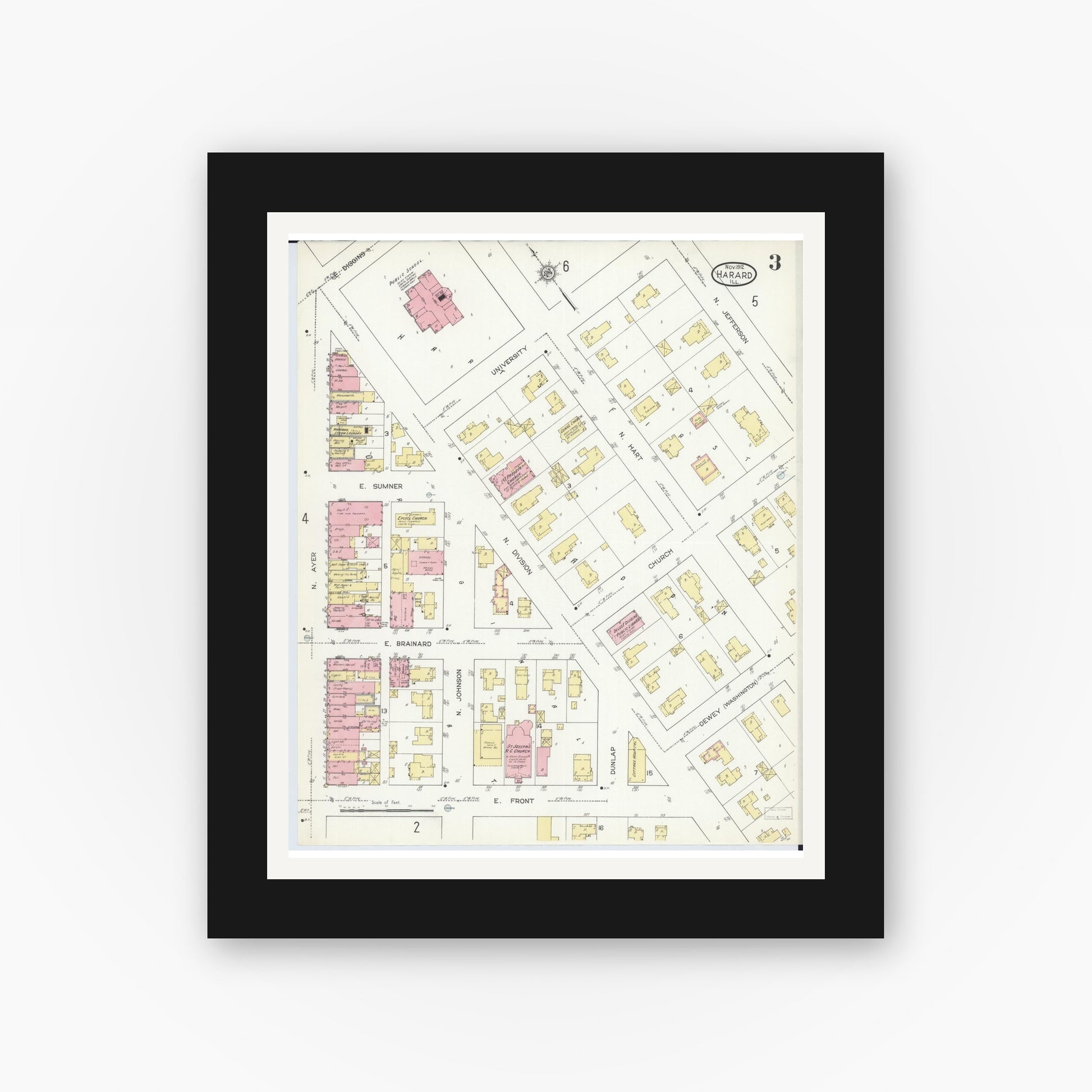 Old map wall art mockup — black gallery frame with white mat — Sanborn Fire Insurance Map from Harvard, McHenry County, Illinois (1912), Sheet #0003